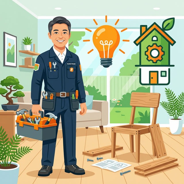 A friendly professional Japanese handyman holding a toolbox in a bright residential setting.