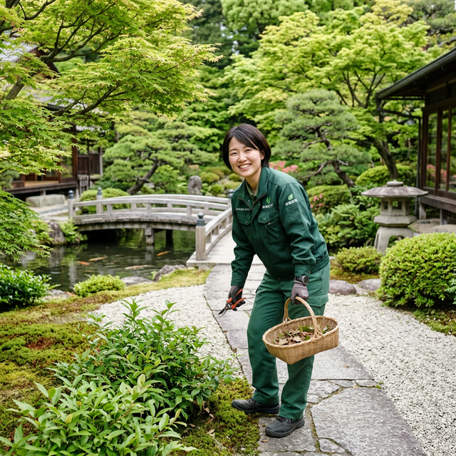 A beautifully well-kept traditional Japanese garden with a smiling, clean-cut professional staff member wearing a green work uniform.