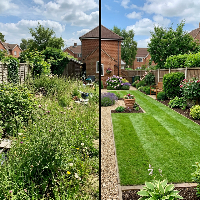 A split-screen image showing an overgrown yard full of tall weeds on one side, and a perfectly mowed, clean garden on the other side.
